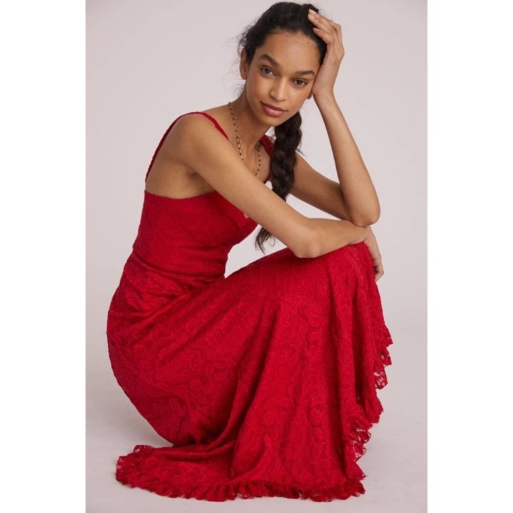 Anthropologie Hutch Floral Lace Seamed Red Midi Dress Size 6 NWT